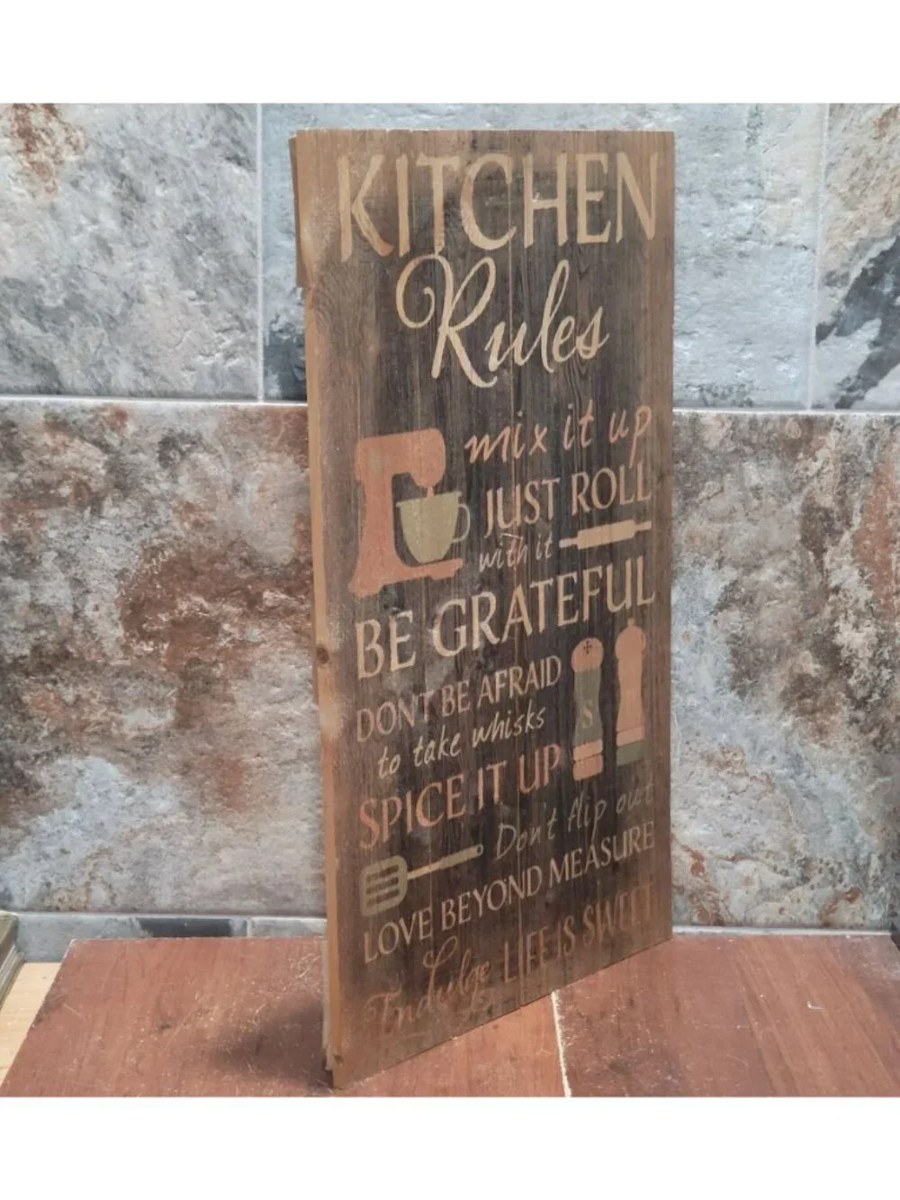 P Graham Dunn Kitchen Rules Distressed Wood Pallet Wall Art Sign Plaque 24x14